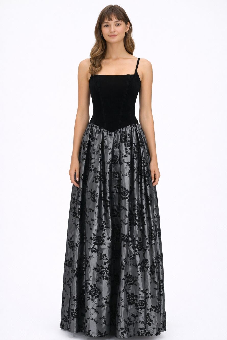 Gunne Sax Vintage Velvet Damask Floral Evening Maxi Dress Size 3/4 Black Grey